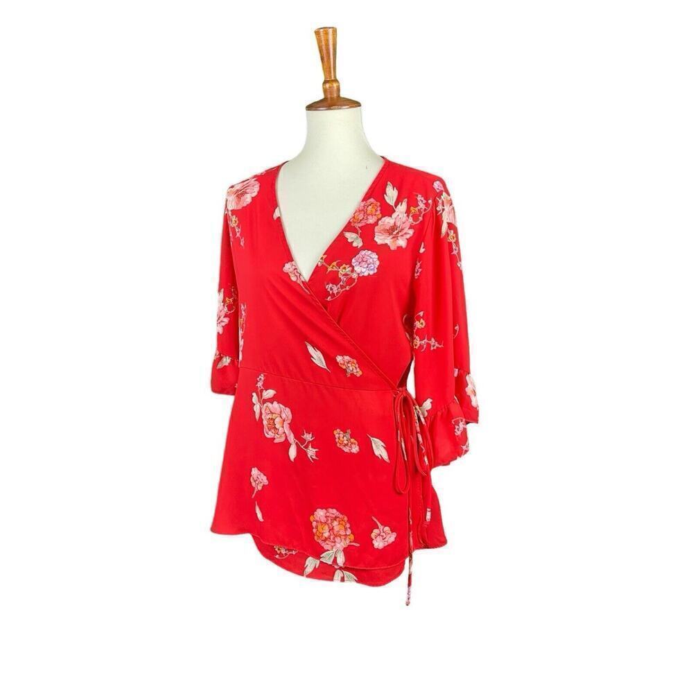 Pleione Coral Pink Wrap Blouse Floral Print Women Medium Ruffle Sleeve Flowy